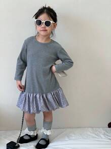 SHEIN Girls' Autumn Gray Minimalist Round Neck Solid Color Long Sleeve Dress, Suitable For Outings, Casual Wear And School - Grey - View 7