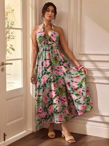 Glamance Gulsengunel Vestido elegante de mujer con estampado floral y espalda descubierta, vestido elegante casual para salir en verano y otoño - Multicolor - Ver 7