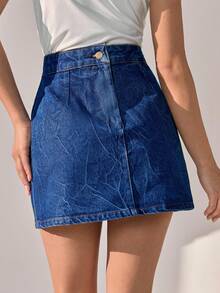 CLARA VERO Women's Casual Medium Wash Blue Denim Mini Skirt, Washed Look Jean Skirt For Everyday Style. - Medium Wash - View 2