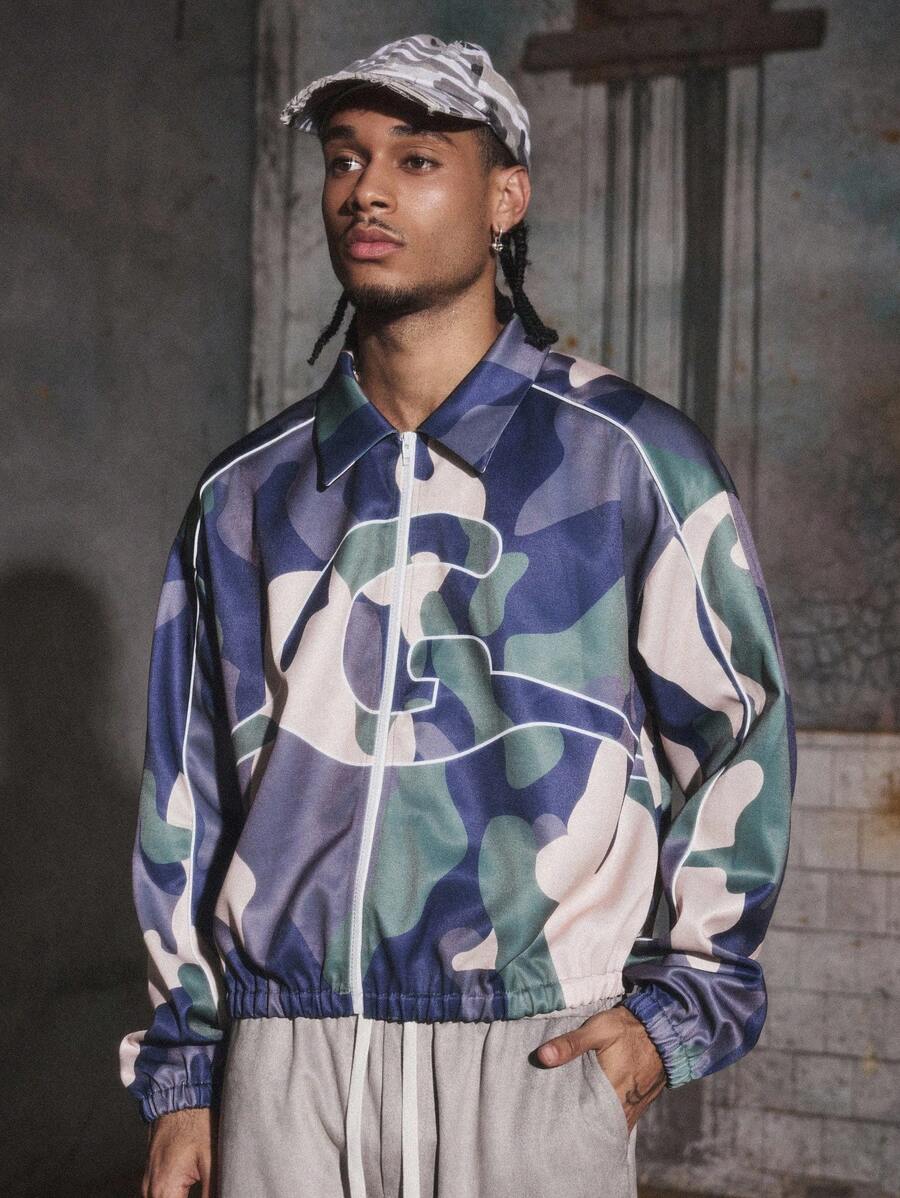 PAVTROS 休闲时尚百搭拉链长袖印花夹克男士迷彩夹克男士迷彩印花夹克街头风格夹克抽象印花夹克男士拉链夹克 - 彩色 - 查看 1