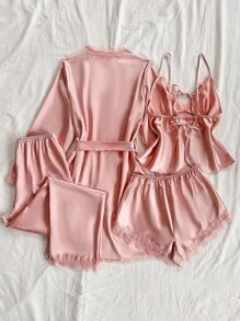 SilkySpell 4件套女士性感蕾丝吊带背心、蕾丝边短裤、长裤、优雅缎面腰带睡袍套装、睡衣内衣套装、秋冬服装 - 粉色 - 查看 2
