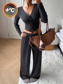 SHEIN EZwear 2pcs/Set Women Casual Grey Long Sleeve Tie Front Top And Wide Leg Pants,Autume/Winter - Grey - View 1