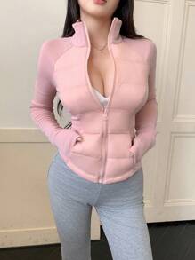 DAZY Áo khoác nữ dáng ôm, cổ đứng, tay áo nối liền, đệm, thu/đông, quần áo mùa đông cho nữ, áo khoác mùa đông cho nữ - Hồng - Xem 1