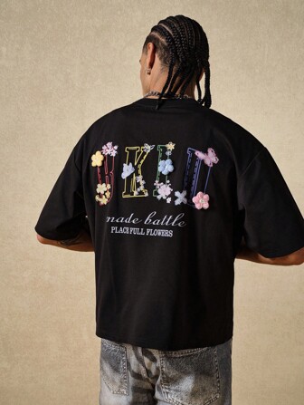 Camiseta casual de hombre con decoración floral 3D y estampado de letras, estilo veraniego de los 2000