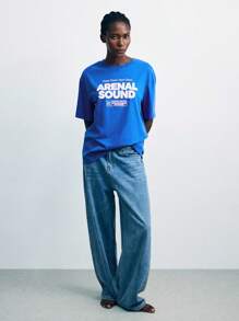 SHEIN X ArenalSound Maija Women's Casual Loose Slogan Print Round Neck Short Sleeve T-Shirt, Summer Blue Graphic T-Shirt Rave Festival - Blue - View 4