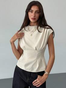 Aloruh 女士纯色圆领短袖褶裥腰身时尚衬衫，适合秋季穿着，也适合所有女性，秋季女装，秋季女装，教师款，商务休闲女装，商务休闲女装，商务休闲女装，教师衬衫，简约优雅修身杏色衬衫，适合办公室通勤，优雅女式衬衫，时尚女式衬衫 - 杏色 - 查看 4