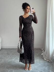 Elenzga Vestido casual y de moda con estampado de leopardo y cuello asimétrico para mujer