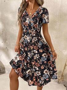 SHEIN Clasi V-Neck Button Red Polka Dot Waist Cinched Women Dress,Spring Clothes,Valentine Day Dress,Casual Dresses For Women - Black - View 3