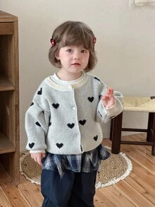 DAZY Baby Girls' Round Neck All-Over Heart Print Cute Long Sleeve Cardigan Fall/Winter - White - View 7