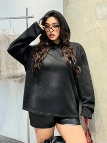 SHEIN EZwear Plus Size Casual Loose Minimalist Long Sleeve Hoodie Sweatshirt - Black - View 4