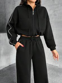 EURMUSE Women's Solid Casual Good Quality Drawstring Two Pieces Set - Black - View 5