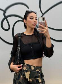 SHEIN Teen Girls Crop Mesh Top & Cami Top & Camo Print Pants - Multicolor - View 4