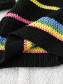 SHEIN 女童开衫，彩色条纹撞色简约日常针织毛衣，女童条纹开衫，针织开衫，女童开衫毛衣，儿童条纹毛衣，女童开衫，秋冬季 - 黑色 - 查看 7