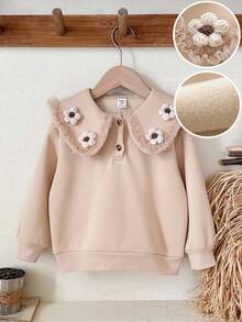 LMoss Kids LMoss 女童纯色彼得潘领3D立体花卉休闲卫衣，套头衫，秋季款，长袖上衣 - 杏色 - 查看 5