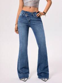 Rivivi 女式不对称腰部喇叭牛仔裤 - 藍色 - 查看 6