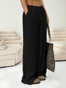 Solflare 大码纯色休闲打结阔腿裤 - 黑色 - 查看 5