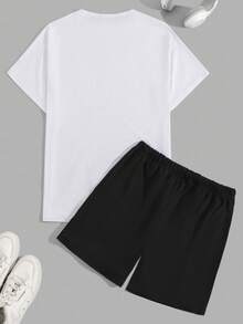 SHEIN Cottnline Men Letter Print Regular T-Shirt Homewear Set - Black and White - View 2