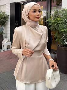 DAZY Áo sơ mi nữ tay dài cổ ve lật màu trơn thanh lịch, phong cách công sở giản dị. - Màu vàng - Xem 6