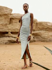Lumivelle Sage Green,Summer,Chic,Vacation,Holiday Women's Textured Knit One Shoulder Maxi Dress, Open Back Ruched Bodycon Slit Hem Cocktail Party Dress - Green - View 4