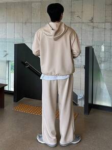 DAZY 男士纯色卡其色连帽衫套装，秋季 - 卡其色 - 查看 2