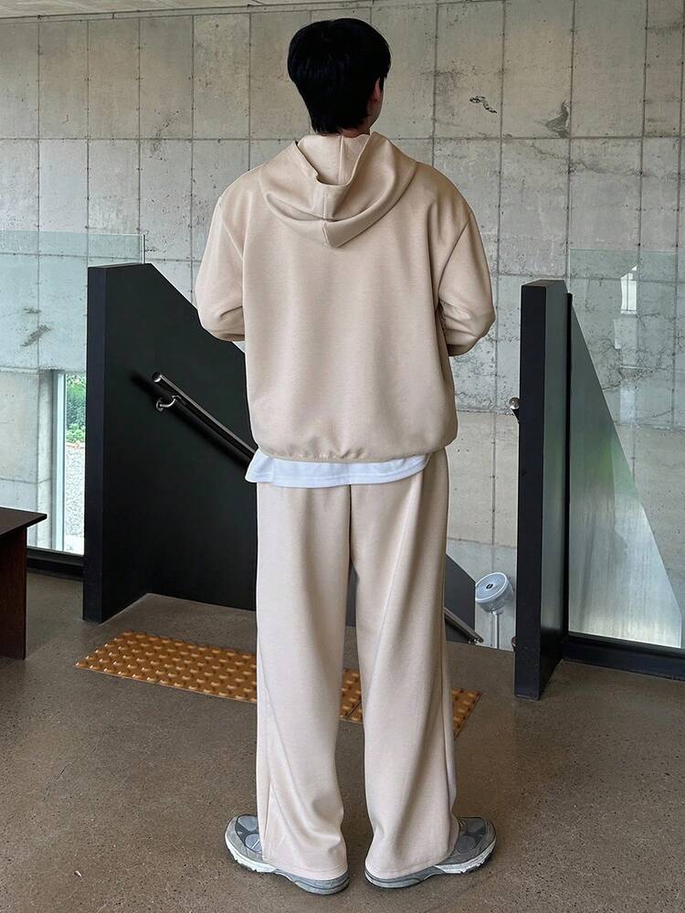 Men's Solid Color Khaki Hoodie Set, Autumn