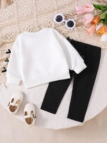SHEIN Playful Pals 2件組女嬰可愛黑白服裝套裝，秋季卡通兔子印花運動衫搭配鬆緊腰打底褲，趣味親子街頭風，6M-3Y - 黑與白 - 查看 2