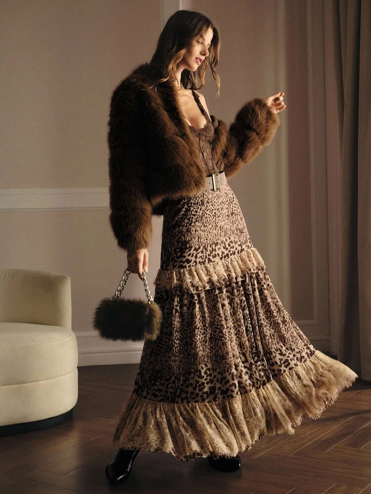 LEOPARD PRINT LACE RUFFLE TRIM SKIRT