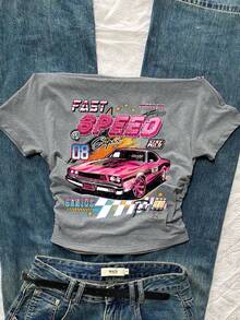 Attitoon 女士休闲腰部褶饰粉色汽车英伦印花朋克复古露肩紧身短袖T恤，适合夏季、街头风格和机场，露肩上衣