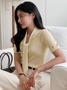 DAZY 女式修身优雅系带短袖针织上衣 - 杏色 - 查看 4