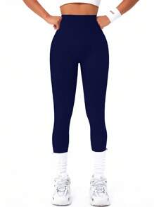 Easithlete Quần legging thể thao/yoga cạp cao liền mạch cho nữ màu trơn - Màu xanh hải quân - Xem 3