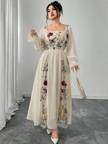 Modelyn 优雅花卉刺绣网眼拼布大码女式连衣裙 - 杏色 - 查看 6