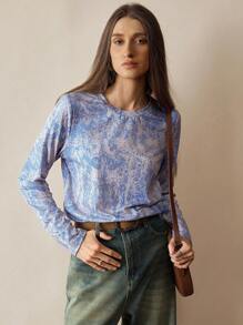 Florisole Women's Retro All-Over Print Crew Neck Loose Casual Long Sleeve T-Shirt Fall Cloth For Women - Blue - View 3