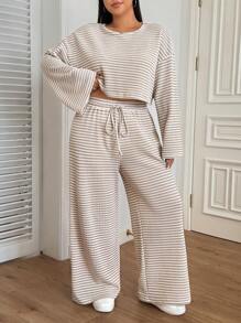 CovetEZ 大码女式条纹圆领长袖T恤和阔腿宽松休闲两件套，初秋，秋季女士休闲两件套两件套休闲套装 - 彩色 - 查看 3