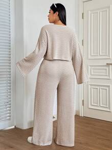 CovetEZ 大码女式条纹圆领长袖T恤和阔腿宽松休闲两件套，初秋，秋季女士休闲两件套两件套休闲套装 - 彩色 - 查看 2