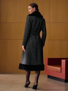 MOTF PREMIUM WOOL CONTRAST FUZZY TRIM BELTED OVERCOAT, AUTUMN/WINTER - Black - View 4