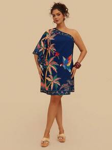 Travachic Váy ngắn in họa tiết cây nhiệt đới vai lệch cỡ lớn, màu xanh navy, phù hợp cho mùa hè và mùa thu - Màu xanh hải quân - Xem 4