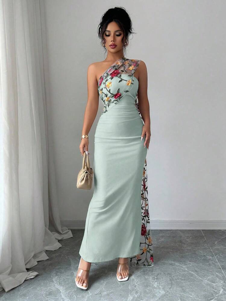 Elenzga Women's Elegant Embroidered Mesh Dress - Mint Green - View 3