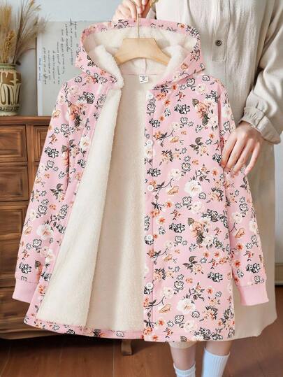 SHEIN Vintaside Kids Chaqueta acolchada con capucha de felpa vintage con estampado floral de longitud media para niña preadolescente, apta para otoño/invierno, vacaciones, verano y viajes