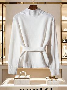 SHEIN LUNE Women's Casual Solid Color Belted Sweater - White - View 2