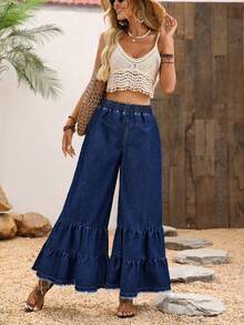 EMERY ROSE 女士纯色荷叶边下摆松紧腰休闲宽松牛仔阔腿裤 - 深色水洗藍 - 查看 2