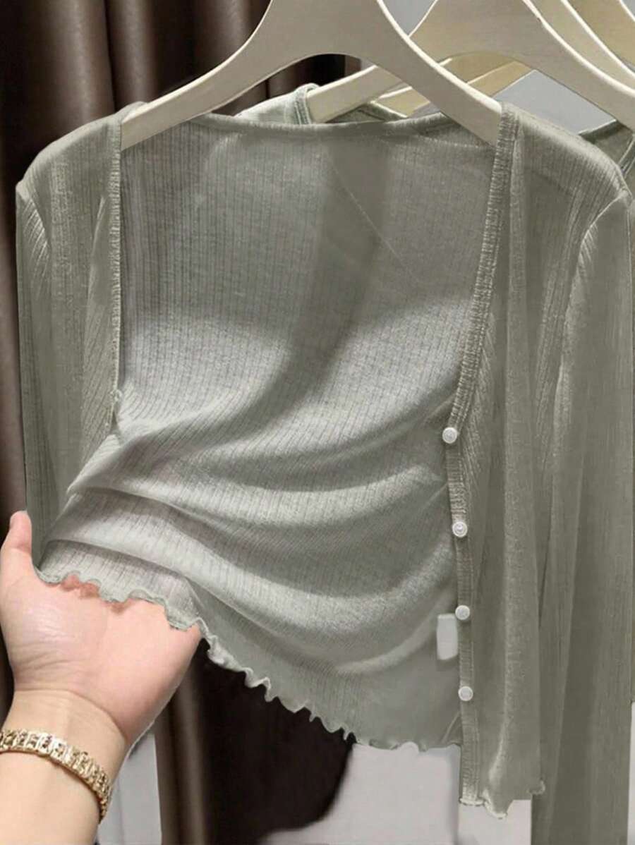 INAWLY Cárdigan casual de mujer con botones y volantes en el borde, para otoño e invierno - verde menta - Ver 1