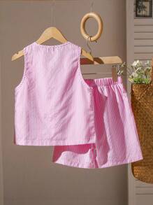 SHEIN 2 件套青少年女孩无袖编织条纹背心，带蝴蝶结装饰和松紧腰宽松短裤套装，夏季 - 粉色 - 查看 2