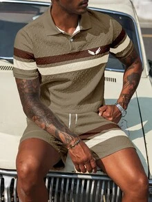 Manfinity Homme Men's Casual Wing Icon Contrast Texture Polo Shirt Set - Multicolor - View 1