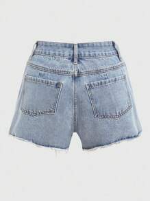 ROMWE Fairycore Quần short denim tua rua thêu hoa cho nữ, đi học - Màu xanh nhạt - Xem 2