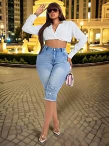 Slaydiva 加大码女式夏季牛仔刺绣紧身七分牛仔裤秋季复古优雅 - 淺色水洗藍 - 查看 6