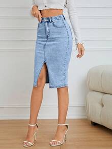 SHEIN Privé 夏季休闲水洗开衩修身牛仔迷你裙 - 淺色水洗藍 - 查看 5