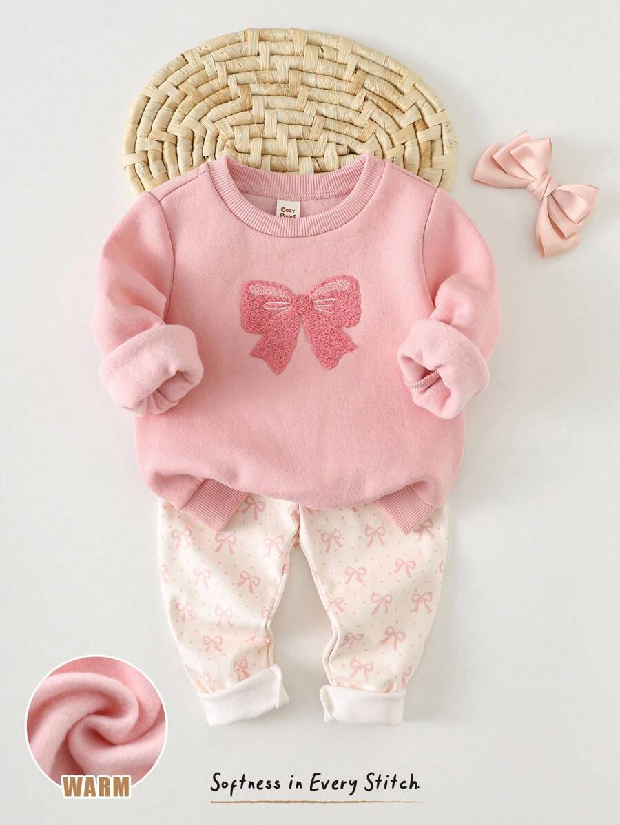 Cozy Pixies 2pcs Baby Girl Bow Knit Soft Round Neck Long Sleeve Pullover Sweatshirt And Elastic Waist Leggings Set Fall Winter