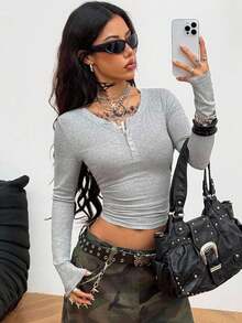 Coolane 女士秋季/四季街头休闲基本款辣妹纽扣领舒适弹力法式灰色长袖T恤 - 灰色 - 查看 5