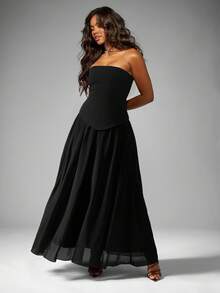 MISSGUIDED 无肩带高腰超长晚礼服正式拖地舞会礼服伴娘场合婚礼宾客派对舞会礼服，配有合身胸衣和飘逸雪纺裙 - 黑色 - 查看 5