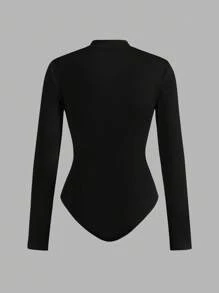 SHEIN EZwear 2 件女式黑色和杏色拉链高领紧身连体衣套装，休闲长袖，适合秋冬季 - 彩色 - 查看 6